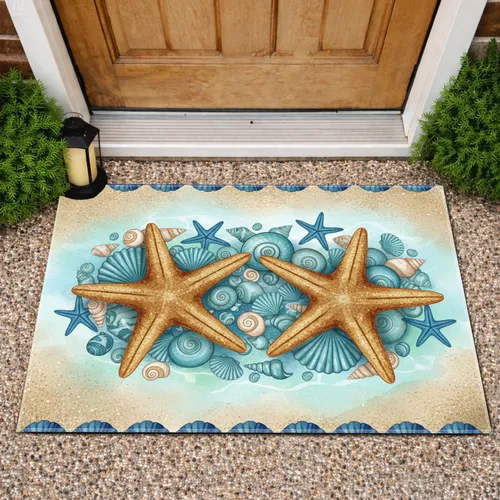 Golden Brown Starfish Blue Shells Beach Sand - Coastal Home Decor Gift Doormat