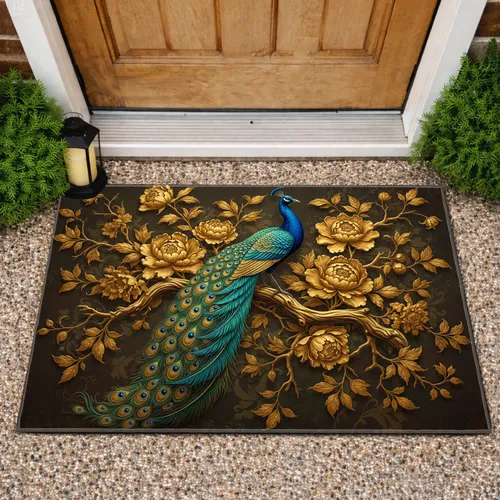 Iridescent Peacock Golden Peony Floral Branch - Home Decor Gift for Wildlife Lovers Doormat