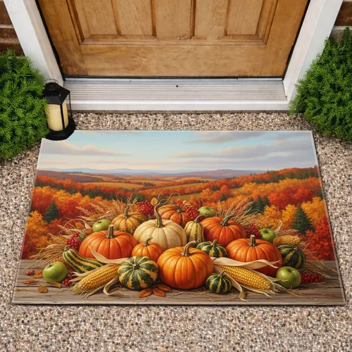 Autumn Pumpkins Gourds Corn Berries Foliage Wooden Surface - Harvest Home Decor Doormat