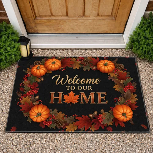 Welcome TO OUR HOME Maple Leaf Autumn Wreath Pumpkins - Autumn Home Decor Gift Doormat