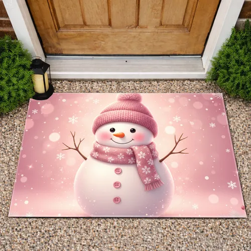 Snowman Pink Beanie Scarf Snowflakes Winter Scene - Home Decor Gift Doormat
