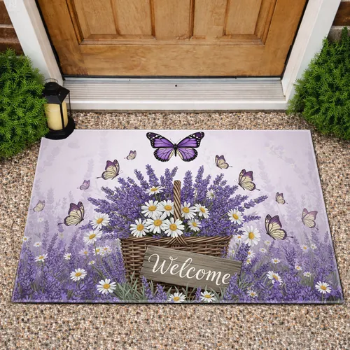 Lavender Daisies Butterflies Welcome Sign - Home Decor Gift for Garden Lover Doormat