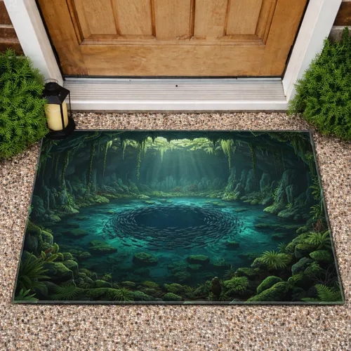 Deep Cenote Cave Pool Swirling Fish Mossy Rock - Ancient Grotto Home Decor Gift Doormat