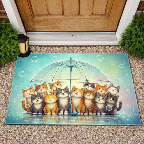 Diverse Cats Under Umbrella Rain Scene - Home Decor Gift for Cat Lover Doormat