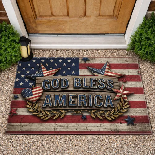 American Flag God Bless America - Independence Day Gift for Veterans Doormat