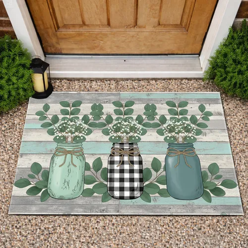 Three Mason Jars Eucalyptus Baby's Breath Wood Planks - Farmhouse Rustic Home Decor Doormat