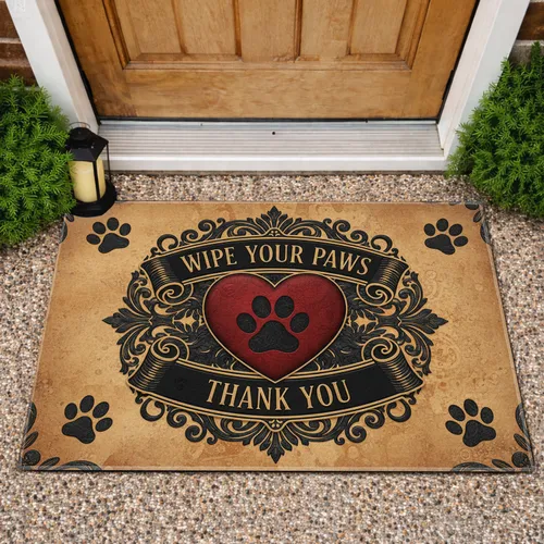 Wipe Your Paws Thank You Paw Print Heart - Home Decor Gift for Dog Owners Doormat