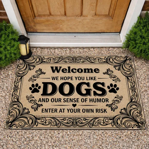 Welcome Dogs Humor Risk Text Paw Prints Scrollwork Floral - Home Decor Gift for Dog Lover Doormat