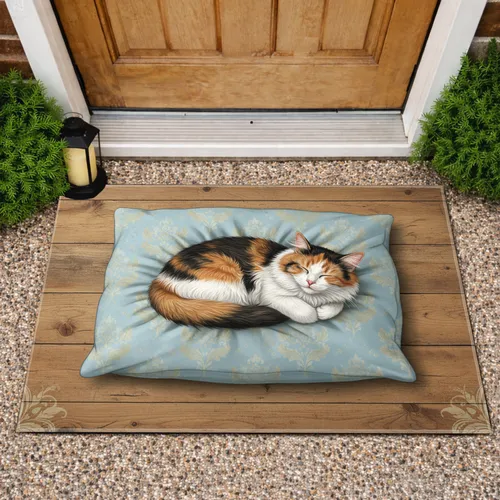 Fluffy Calico Cat Sleeping Pillow Wood Grain - Home Decor Gift Doormat