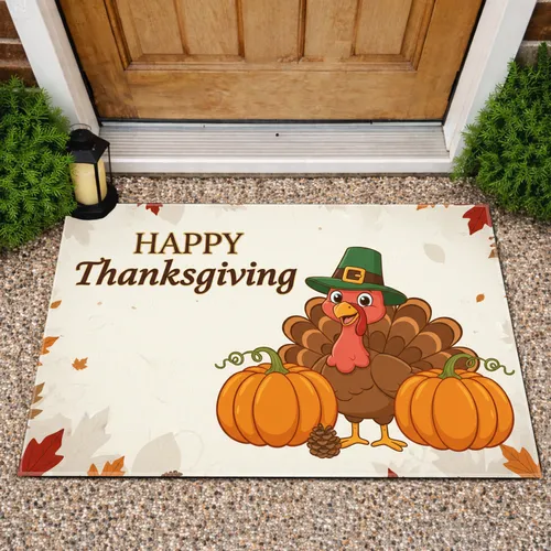 Happy Thanksgiving Turkey Pilgrim Hat Pumpkins - Thanksgiving Day Decor Doormat