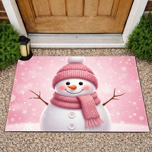 Pink Bobble Hat Snowman Falling Snowflakes - Festive Winter Decor Doormat