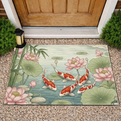 Koi Fish Lotus Flower Lily Pad Bamboo River Stone Water Garden - Zen Home Decor Doormat
