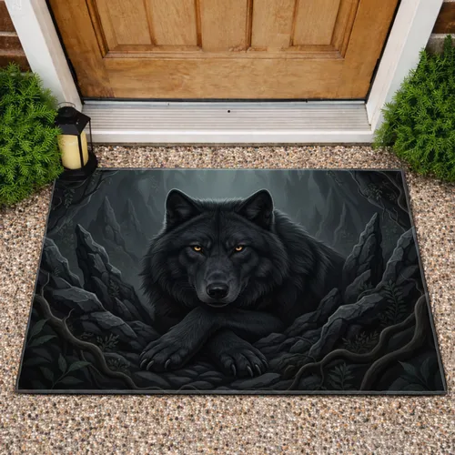 Majestic Black Wolf Amber Eyes Volcanic Cave Home Decor Gift Doormat