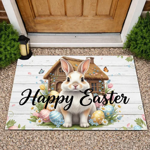 Happy Easter Bunny Rustic Cottage Eggs Wildflowers - Spring Holiday Home Decor Doormat