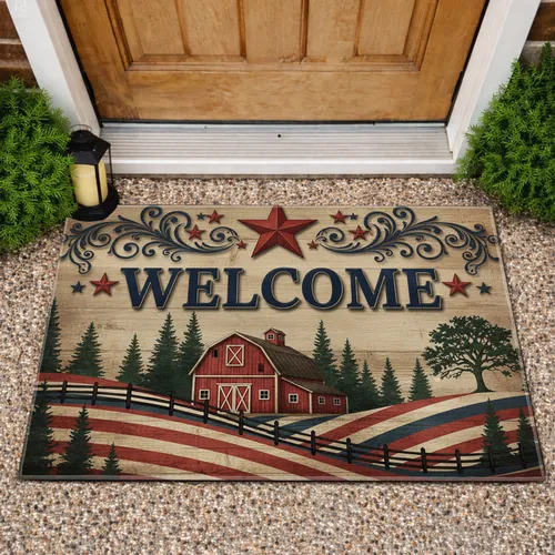 Aged Flag Stripes Welcome Barn Stars Pine - Rustic Farmhouse Decor Gift Doormat