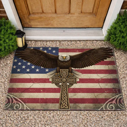 Bald Eagle American Flag Celtic Cross - Independence Day Gift for Veterans Doormat