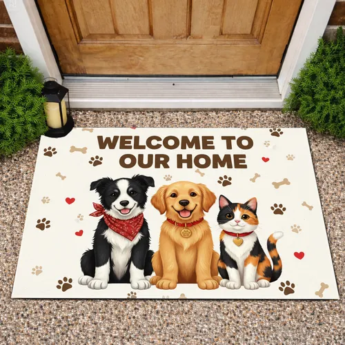 Welcome Home Puppies Cat Paw Prints Hearts Bones - Home Decor Gift for Pet Lovers Doormat