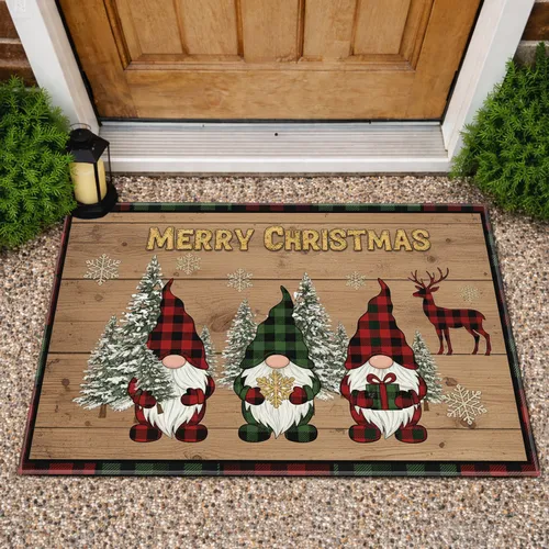 Merry Christmas Gnomes Pine Tree Reindeer - Rustic Holiday Decor Doormat