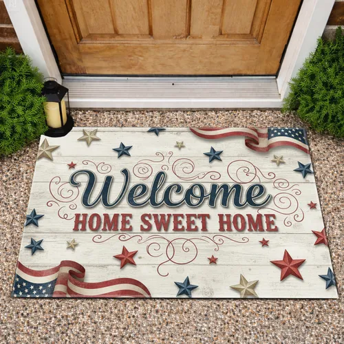 Welcome Home Sweet Home American Flag Stars Wood Planks - Farmhouse Decor Gift Doormat