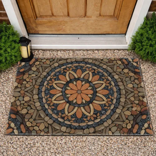 Twelve-Petal River Stone Pebble Cobblestone Mandala Flower Earthy Tones - Home Decor Gift Doormat