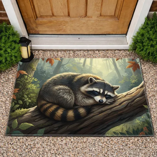 Plump Sleeping Raccoon Autumn Forest Branch - Home Decor Gift for Wildlife Lover Doormat
