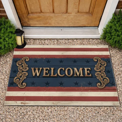 WELCOME Americana Stars Scrollwork - Farmhouse Home Decor Doormat