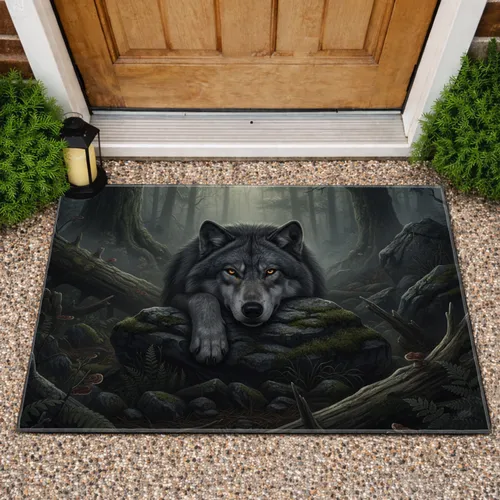 Dark Wolf Moss Rock Forest Scene - Home Decor Gift for Wolf Lovers Doormat