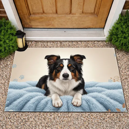Border Collie Dog on Blue Shag Blanket - Dog Lover Home Decor Gift Doormat