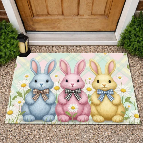 Three Easter Bunnies Daisy Grass Plaid - Spring Holiday Home Decor Gift Doormat