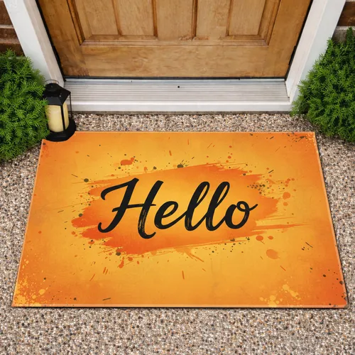 Hello Script Deep Black Orange Yellow Painterly - Everyday Welcome Home Decor Doormat
