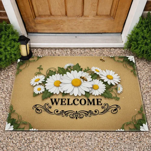 White Daisies Honey Bees Welcome Floral - Everyday Home Decor Gift Doormat