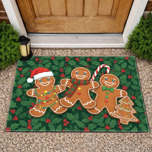 Gingerbread Men Holly Berries Candy Cane - Christmas Season Home Decor Gift Doormat