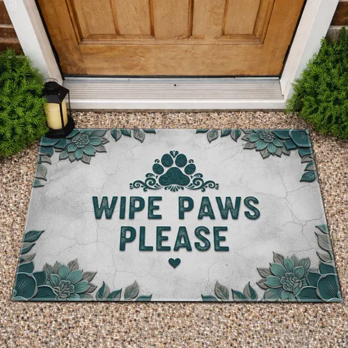 Wipe Paws Please Paw Print Floral - Home Decor Gift for Pet Lover Doormat