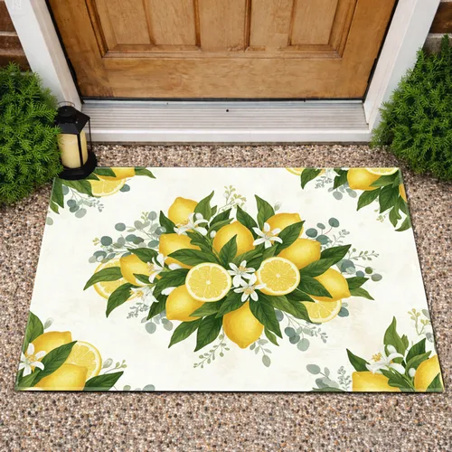 Whole Lemons Slices Green Leaves White Blossom Eucalyptus - Home Decor Gift Doormat