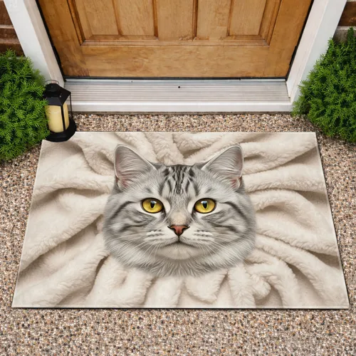 Silver Tabby Cat Portrait with Golden Yellow Eyes Clean Shapes - Home Decor Gift for Cat Lover Doormat
