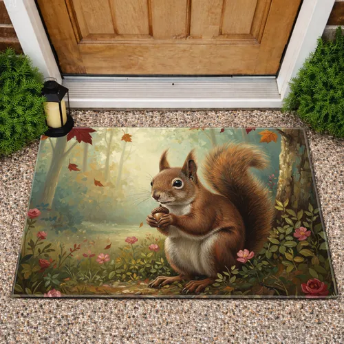 Brown Squirrel Acorn Forest Foliage Tree Trunk Wildflowers - Wildlife Lover Home Decor Gift Doormat