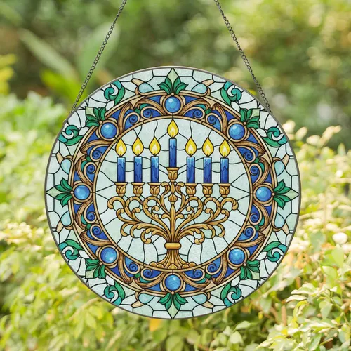 Ornate Hanukkah Menorah Blue Candles Golden Scrollwork Teal Leaves - Hanukkah Holiday Gift for Jewish Home Stained Glass Suncatcher