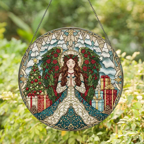 Woman With Wings Christmas Tree Gifts Holly Crown - Winter Holiday Home Decor Gift Stained Glass Suncatcher