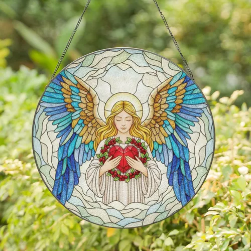 Graceful Angel Ruby Heart Home Decor Gift for Loved Ones Stained Glass Suncatcher