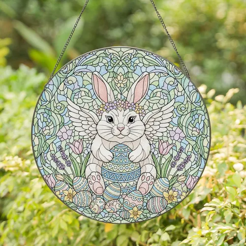 Winged Bunny Easter Egg Floral Crown - Easter Holiday Home Decor Gift Stained Glass Suncatcher