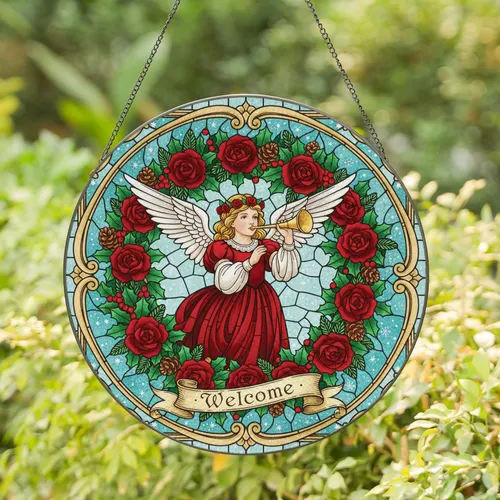 Cherub Angel Golden Horn Welcome Holiday Wreath Stars - Christmas Decor Gift Stained Glass Suncatcher