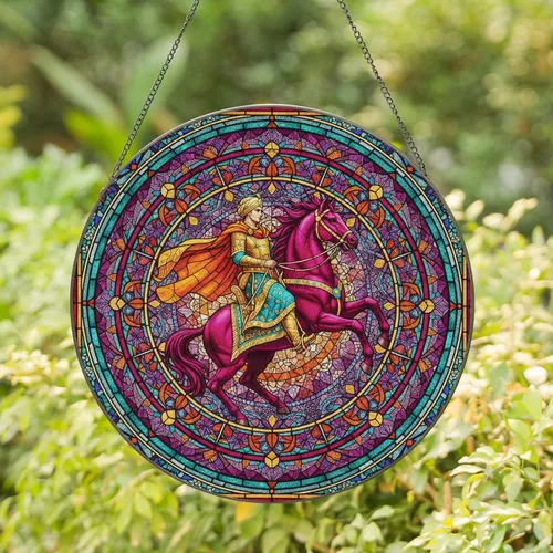 Regal Warrior Golden Turban Gold Teal Magenta Rearing Horse Jewel Tone Floral - Home Decor Gift Stained Glass Suncatcher
