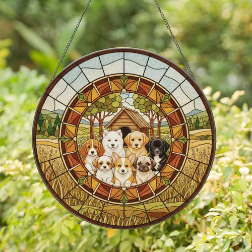 Nine Puppies Dog House Pastoral Landscape Circular Border - Home Decor Gift for Dog Lover Stained Glass Suncatcher