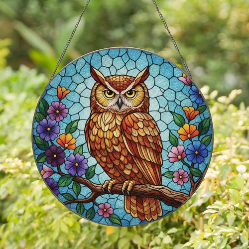 Owl Feathers Branch Flowers Green Leaves Sky - Home Decor Gift for Bird Lovers Stained Glass Suncatcher
