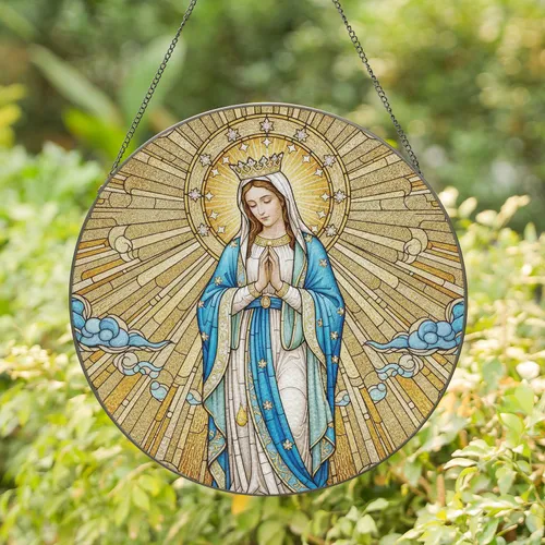 Virgin Mary Crown Halo Celestial Mosaic - Home Decor Gift for Religious Home Stained Glass Suncatcher