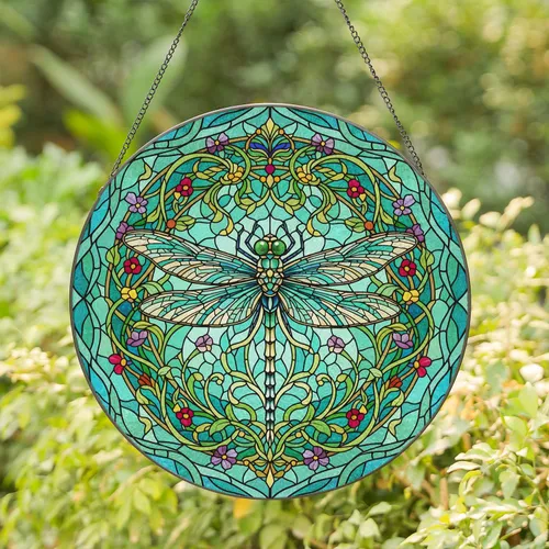 Large Dragonfly Brass Filigree Vines Leaves Blossoms - Garden Home Decor Gift Stained Glass Suncatcher
