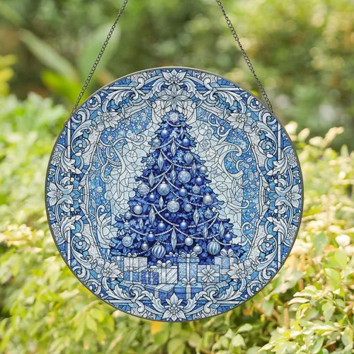Christmas Tree Gift Boxes Poinsettia Star - Holiday Home Decor Stained Glass Suncatcher