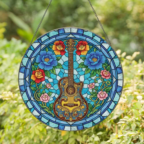 Ornate Acoustic Guitar Blue Peony Rose Floral - Home Decor Gift for Music Lover Stained Glass Suncatcher