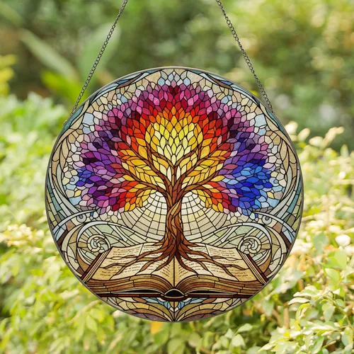 Tree of Life Open Book Multicolored Leaves Swirls - Home Decor Gift Stained Glass Suncatcher