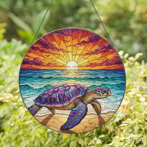 Iridescent Sea Turtle Ocean Waves Sunset Sky - Home Decor Gift for Wildlife Lover Stained Glass Suncatcher